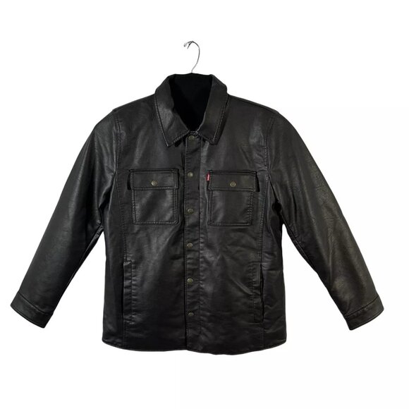 Levi’s Men's Faux Leather Trucker Jacket Size M Dark Brown Warm Sherpa Lining - Picture 2 of 10